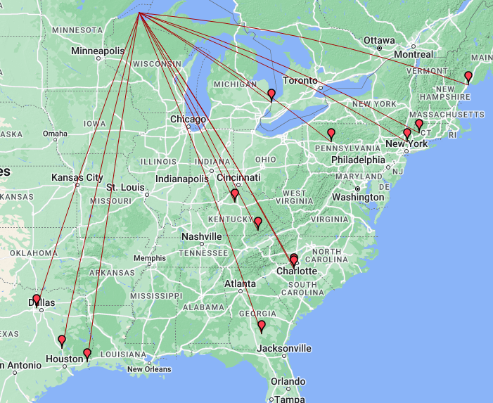 a map with pins and lines showing the location of the contacts I made